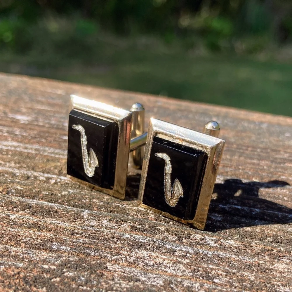 Vintage Black Glass Etched Saxophone Silver Tone Cufflinks